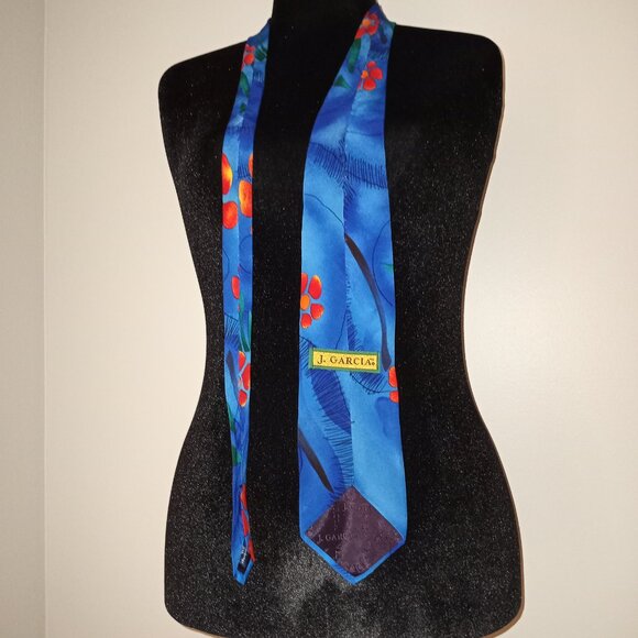 FUNKY BOLD TROPICAL PRINT FLORAL BLUE RED SILK TIE - Picture 2 of 6